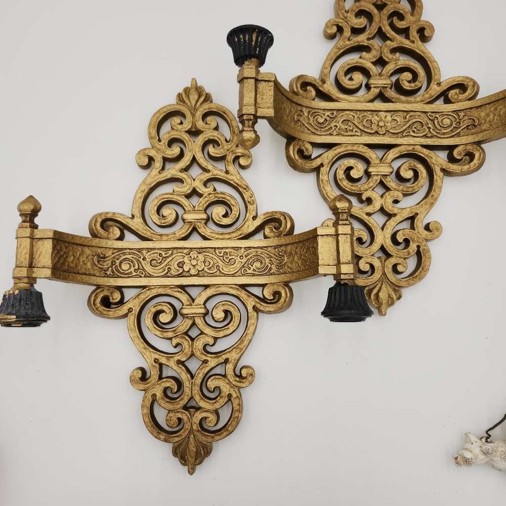 Vintage Mid Century 1969 Dart Gold Gilded Scroll Candle Holders Wall Sconces